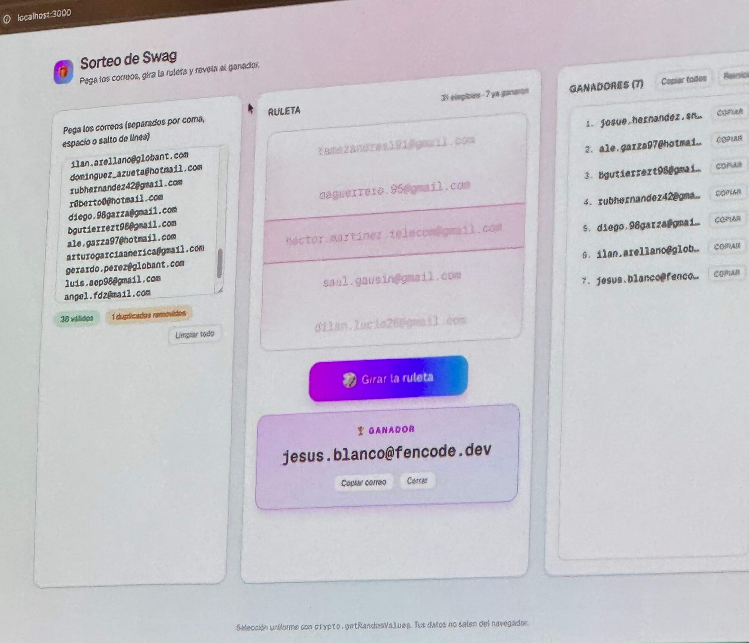 jesus.blanco@fencode.dev aparece como ganador en la web app del sorteo construida 
en vivo con Windsurf durante el meetup de Globant Monterrey, 12 de mayo de 2026
